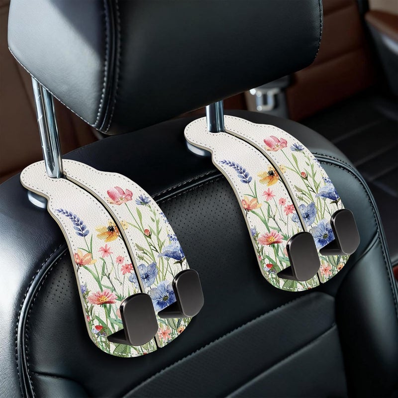 Blusabaca 2PCS Car Seat Back Storage Headrest Hooks, Floral Flowers Purse Holder Bags Hanger, PU Leather Double Metal Hook for Backseat Organizer, Women Car Accessories Organization - Image 1